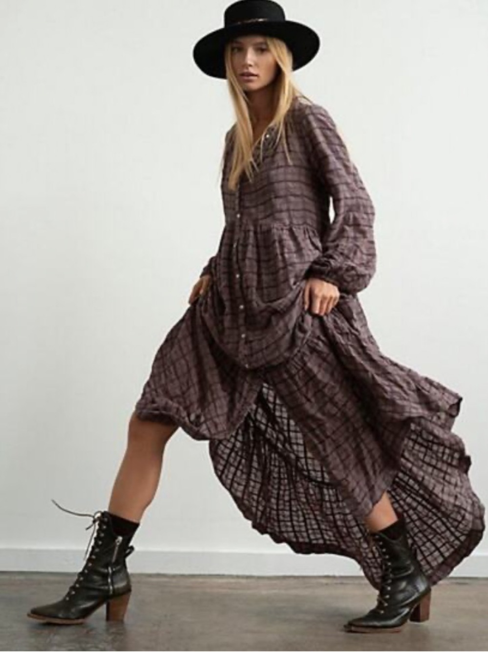 Free People Womens Brown Edie Plaid Long sleeve oversized Maxi Dress S
